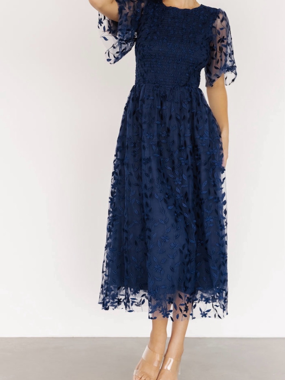 Baltic Born Navy Blue Midi Dress with Floral Sheer Sleeves - Picture 2 of 4